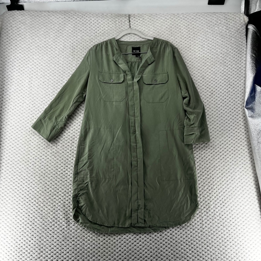 Nic+Zoe Olive Green Shirt Dress Utility Pockets 3/4 Sleeve Preppy Minimalist  PP